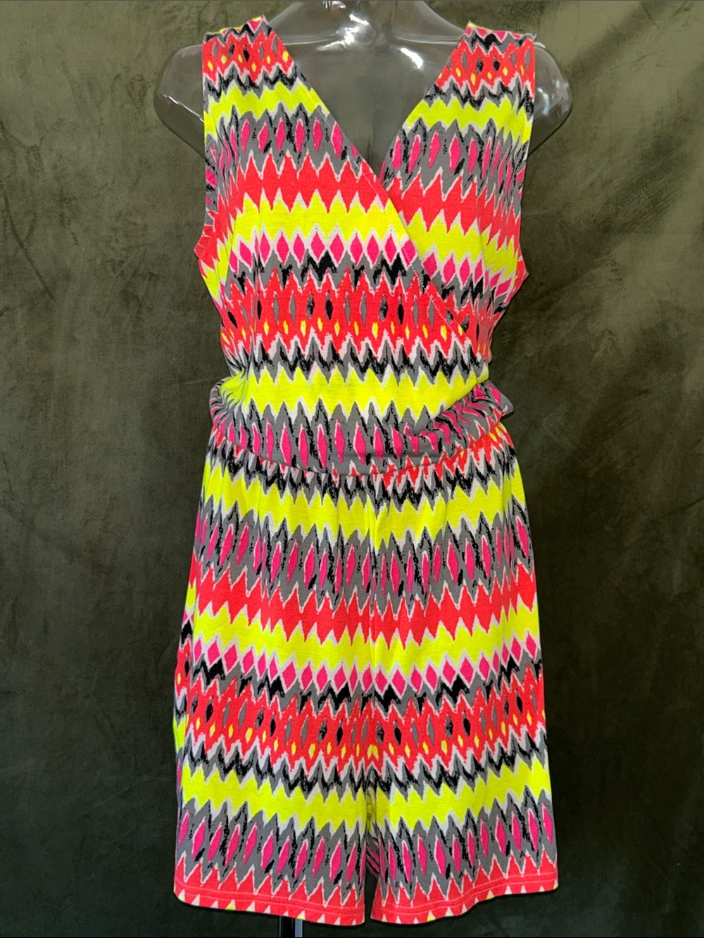 Sleeveless Chevron Romper in Neon Pink, Yellow & Black